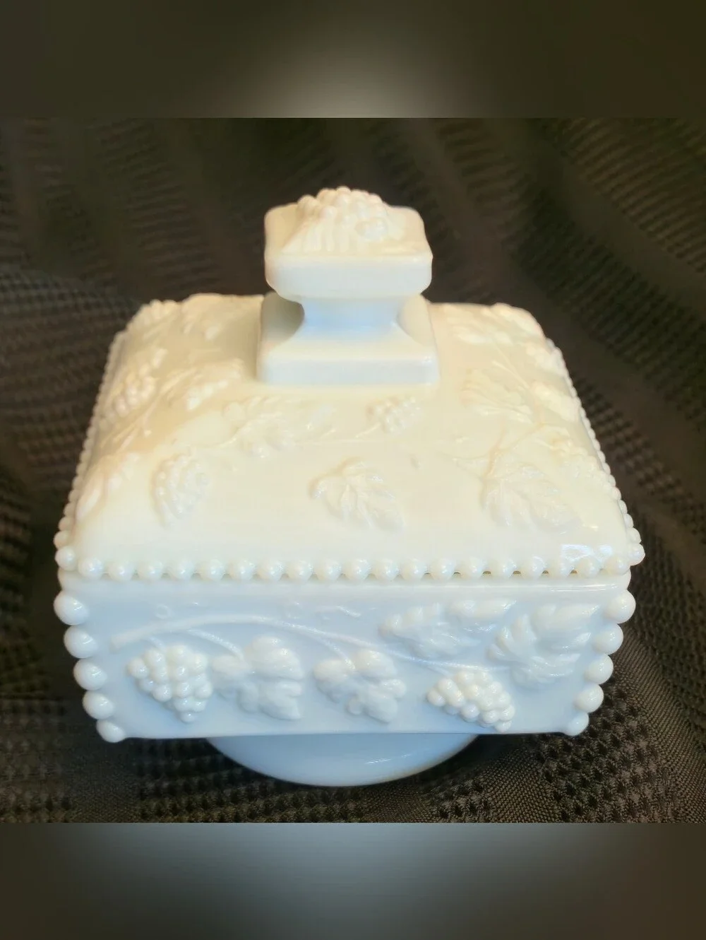 Westmoreland Beaded Milk Glass Grape & Leaf Covered 